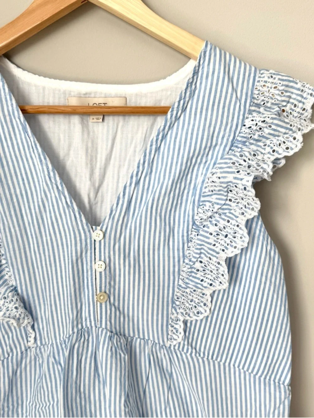 LOFT Light Blue Eyelet Ruffle Stripe Sleeveless Spring Dress